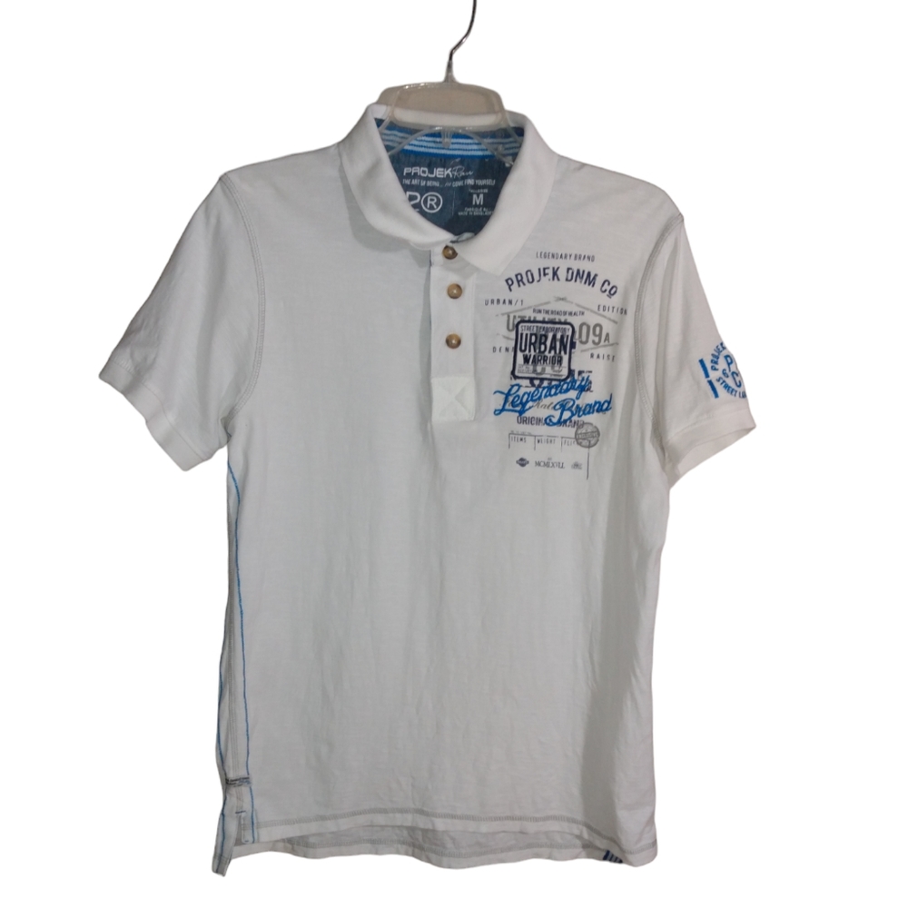 PROJEK Raw Streetwear Inspired Embroidered Graphic Polo Mens Shirt White Medium